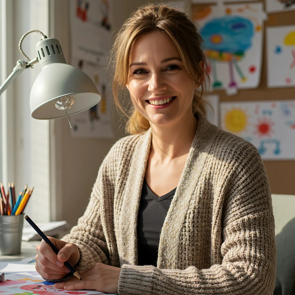 Amanda Lee, Lead Illustrator at The Coloring Patch, smiling while drawing at her art desk surrounded by children’s artwork.