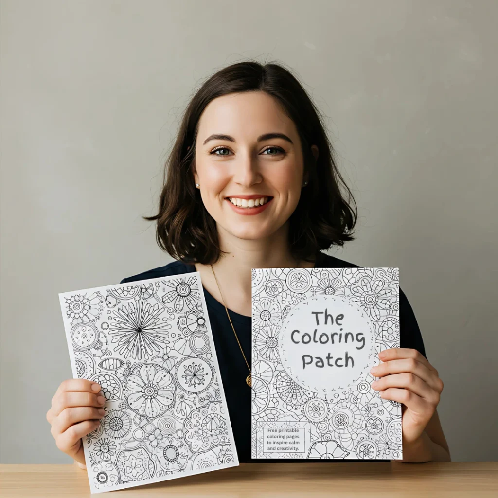 Clara Mason, lead writer at The Coloring Patch, smiling while holding two hand-drawn printable coloring pages.