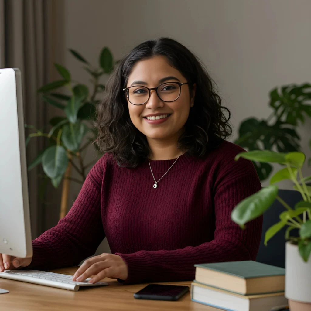 Ella Thorne, Visual Content Manager at The Coloring Patch, smiling at her desk while working on illustration files.